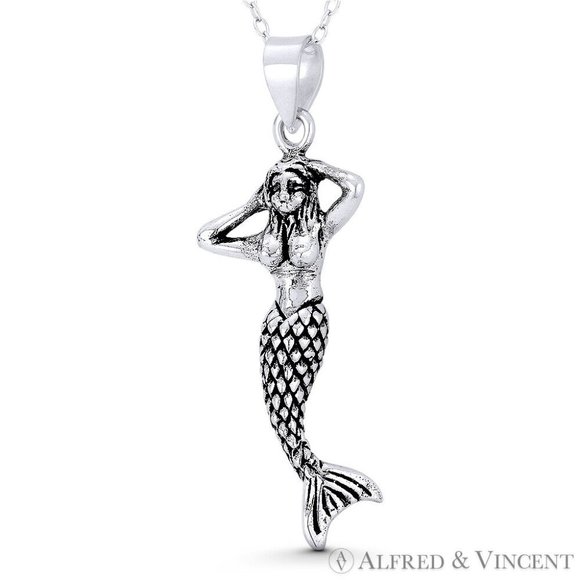 Mermaid / Siren Mythical Creature Charm Pendant in Oxidized .925 Sterling Silver - Picture 1 of 1